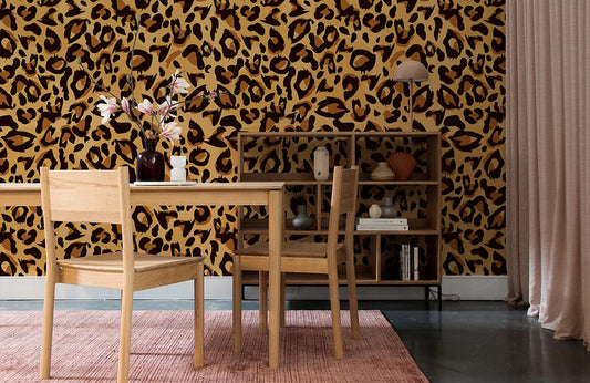 Leopard print and fur wallpaper mural for use in the interior design of homes and offices.