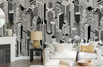 Modern Black White Cityscape Mural Wallpaper