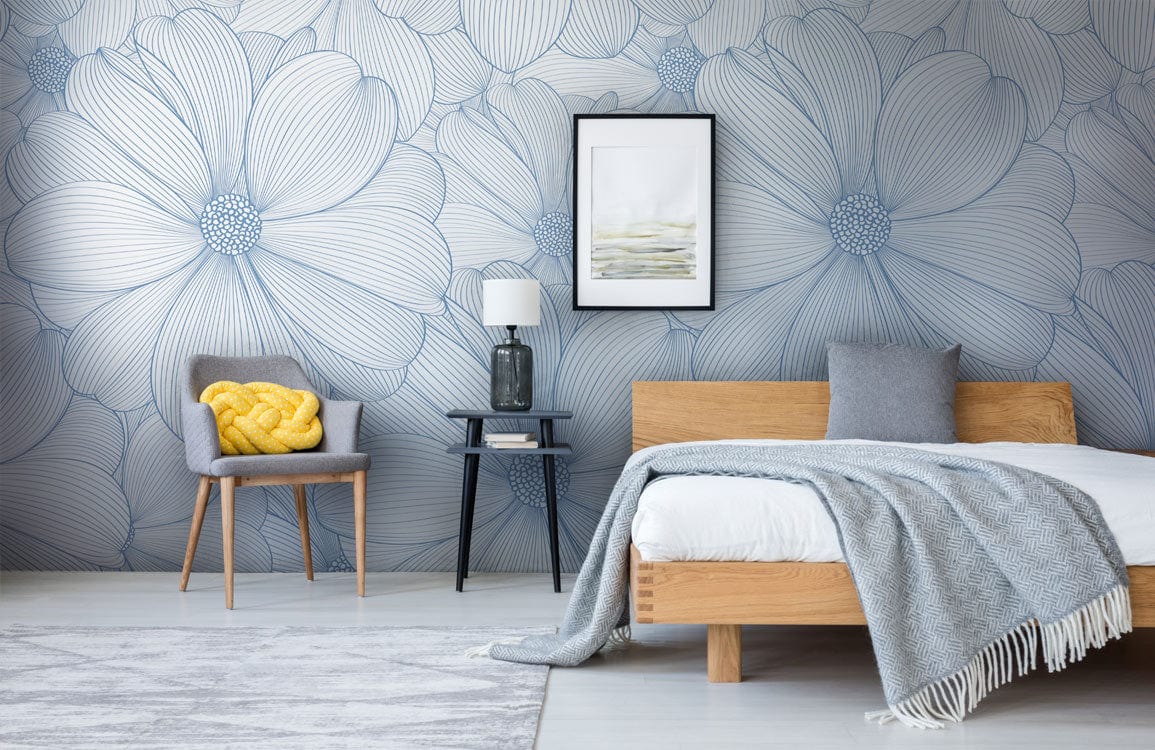 wallpaper mural of a blue daisy bloom in a room