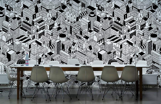 crowded buildings wallpaper mural for office or workplace design