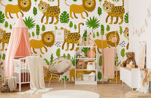 Baby nursery with lion and cheetah prints on the walls.