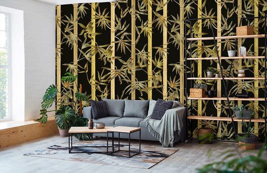 Wall mural with golden bamboo leaves for the room