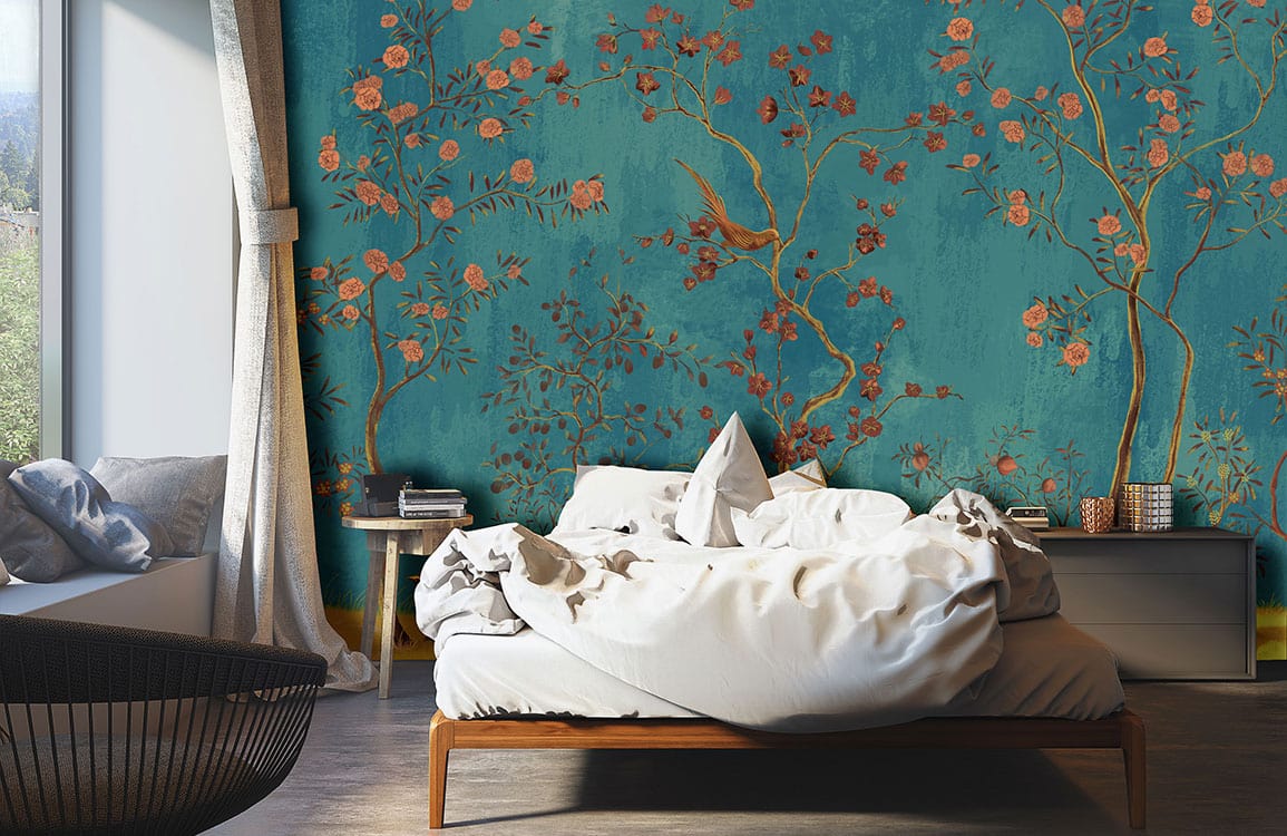 bird and flower branch wallpaper mural for room