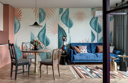 Tropical Teal Leaf Botanical Mural Wallpaper in living room