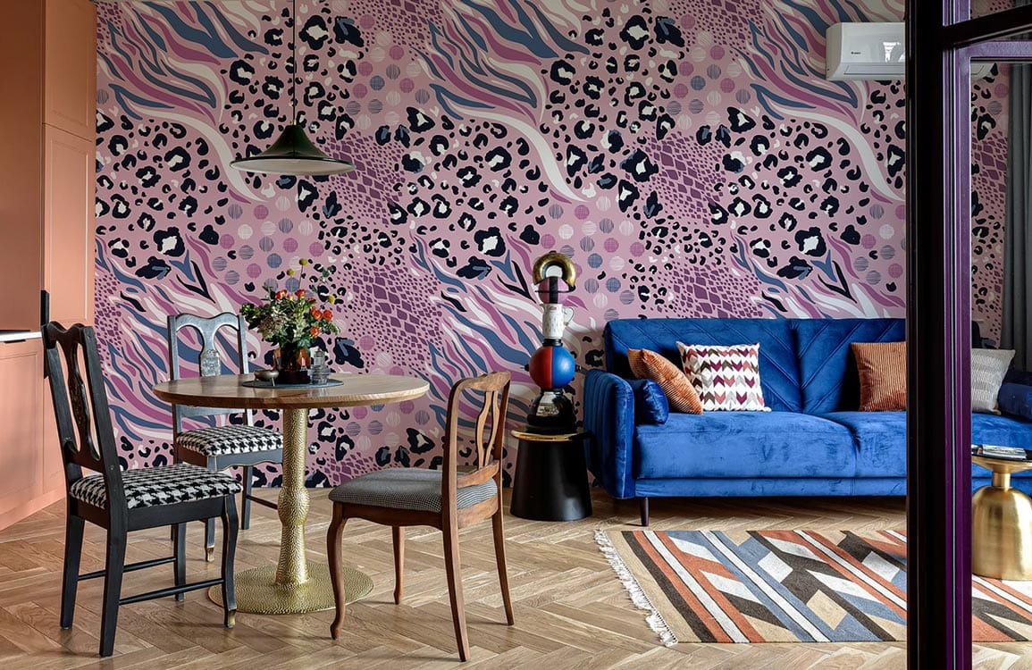 abstract wallpaper mural in the form of a purple animal skin, intended for use in the living room.