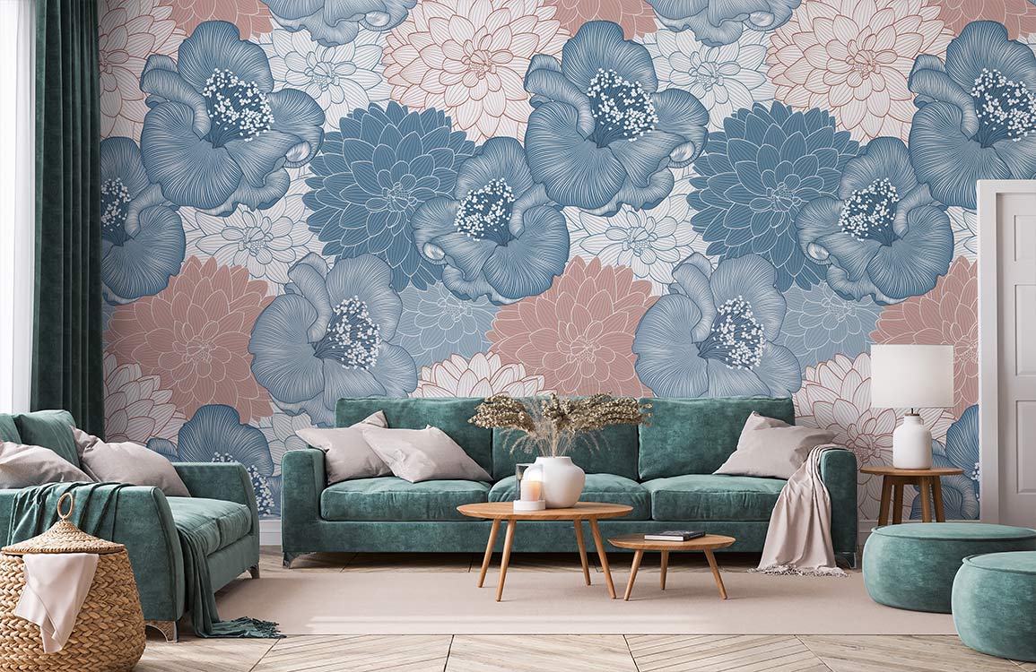 For the living room, a blend of blue and pink floral wallpaper