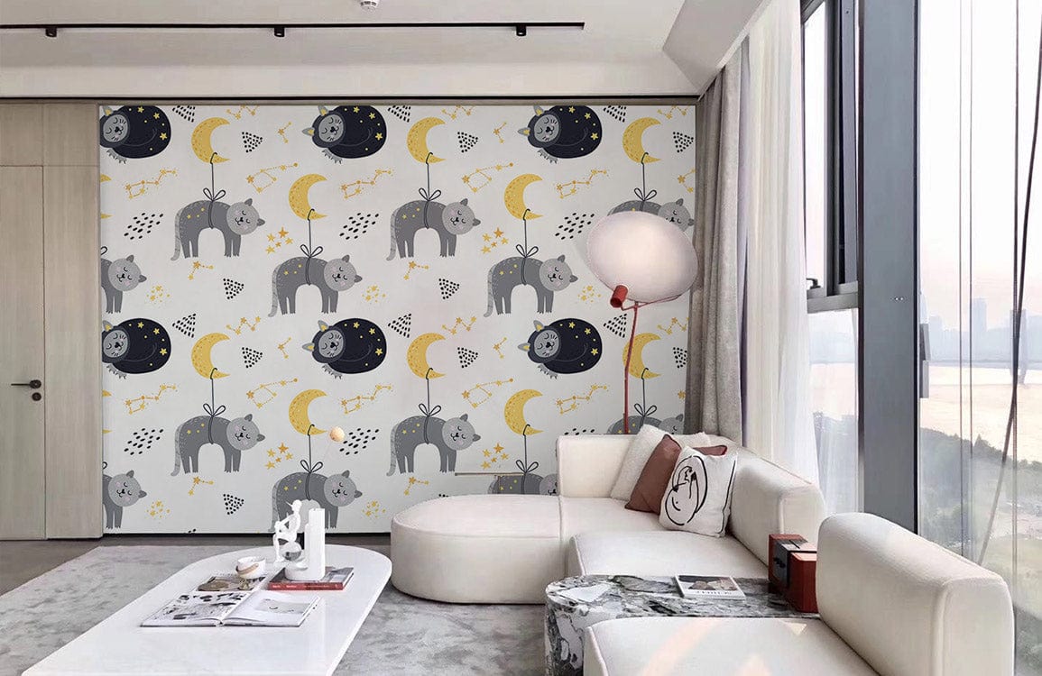 animal print wallpaper with a dozing cat and a crescent moon