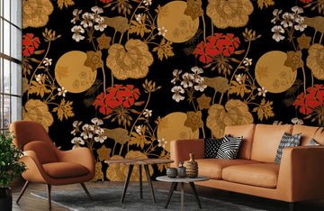 Gold Floral on Black Mural Wallpaper
