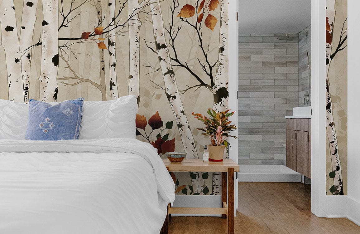 The bedrooms are the ideal place for the muted fall wallpaper mural that features a firmiana woodland.