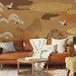 Wallpaper mural of neutral conifers can serve as a decoration for the wall in the living room.