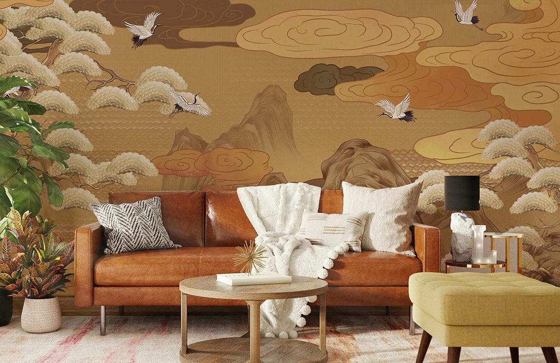 Wallpaper mural of neutral conifers can serve as a decoration for the wall in the living room.