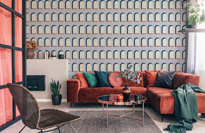 Wallpaper mural for the room featuring a blue Nordic arch pattern