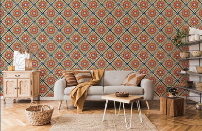 Wallpaper mural in living room with red flowers and dark colored lines