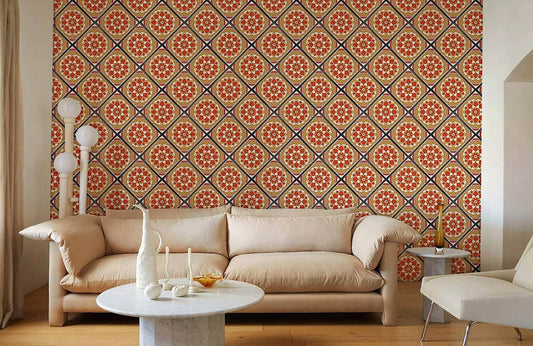 bright red and orange circular flower design wallpaper mural for living room