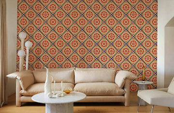 Vintage Orange Geometric Floral Mural Wallpaper