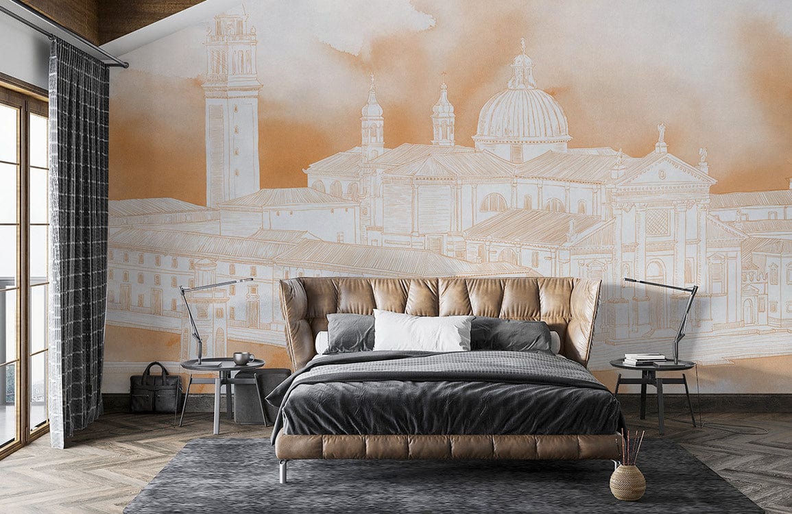 custom Sketched Palace building wallpaper mural for bedroom decor