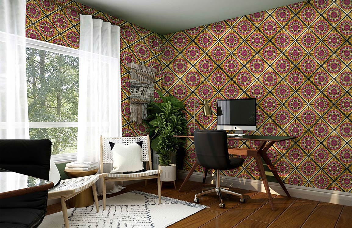 a mural wallpaper with orange vectors and illusions for your home office