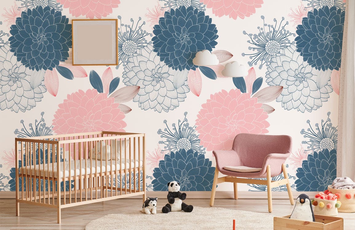 For the space, I decided to paint pink and blue floral wallpaper