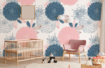 Pink Blue Floral Blossom Mural Wallpaper