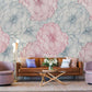 Living room wallpaper with a pink and blue flower pattern.