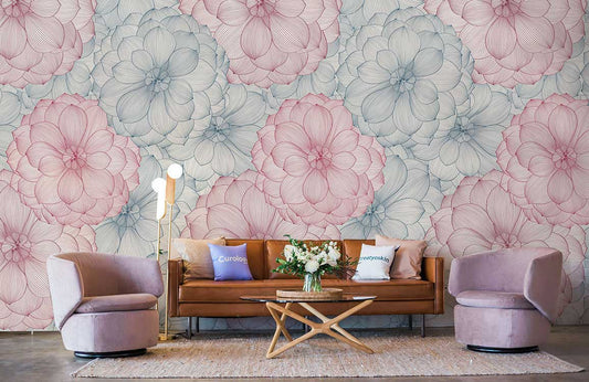 Living room wallpaper with a pink and blue flower pattern.