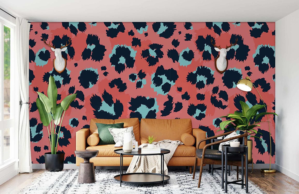 wall murals for home decoration featuring a wild pink and blue leopard fur texture.