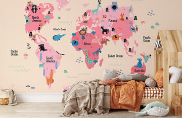 Whimsical Animal World Map Wallpaper Mural
