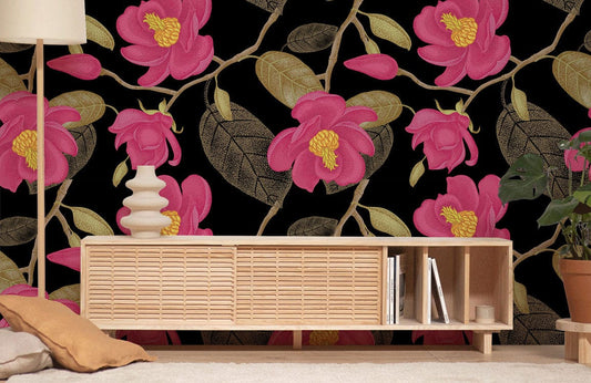 wallpaper for the room in a vintage pink blossom flower pattern.