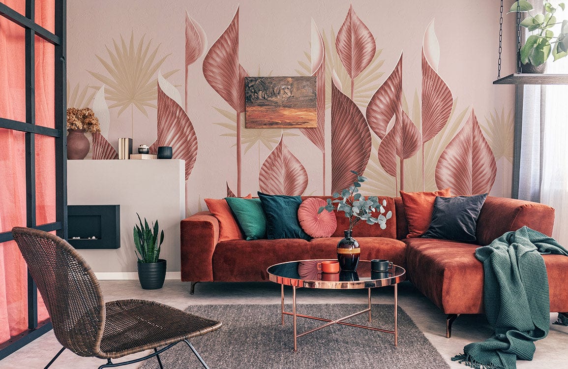 custom pink leaf wallpaper mural for living room
