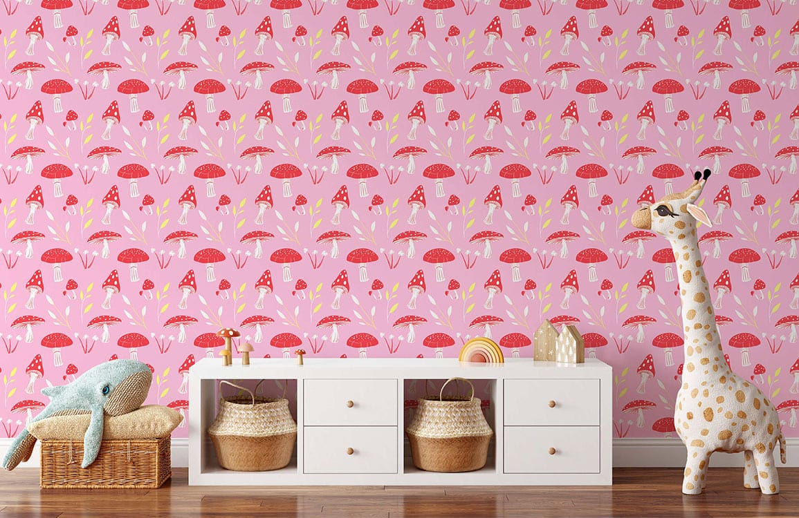 custom pink mushrooms wallpaper mural for kids room