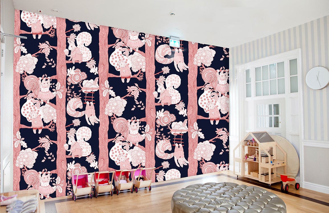 pink squirrels wallpaper mural for kid's room