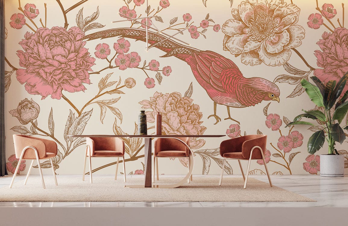 Pink floral and bird wallpaper mural for the living space