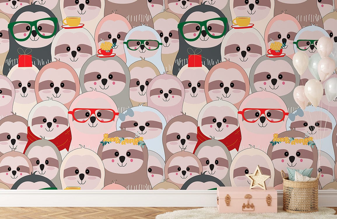 bespoke wallpaper mural for nursery, a design of pinkish sloths in different attire pattern.