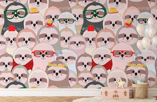 bespoke wallpaper mural for nursery, a design of pinkish sloths in different attire pattern.