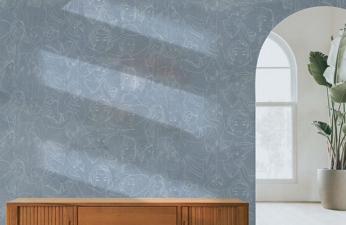 mural wallpaper with a blue backdrop design that has an art deco style.