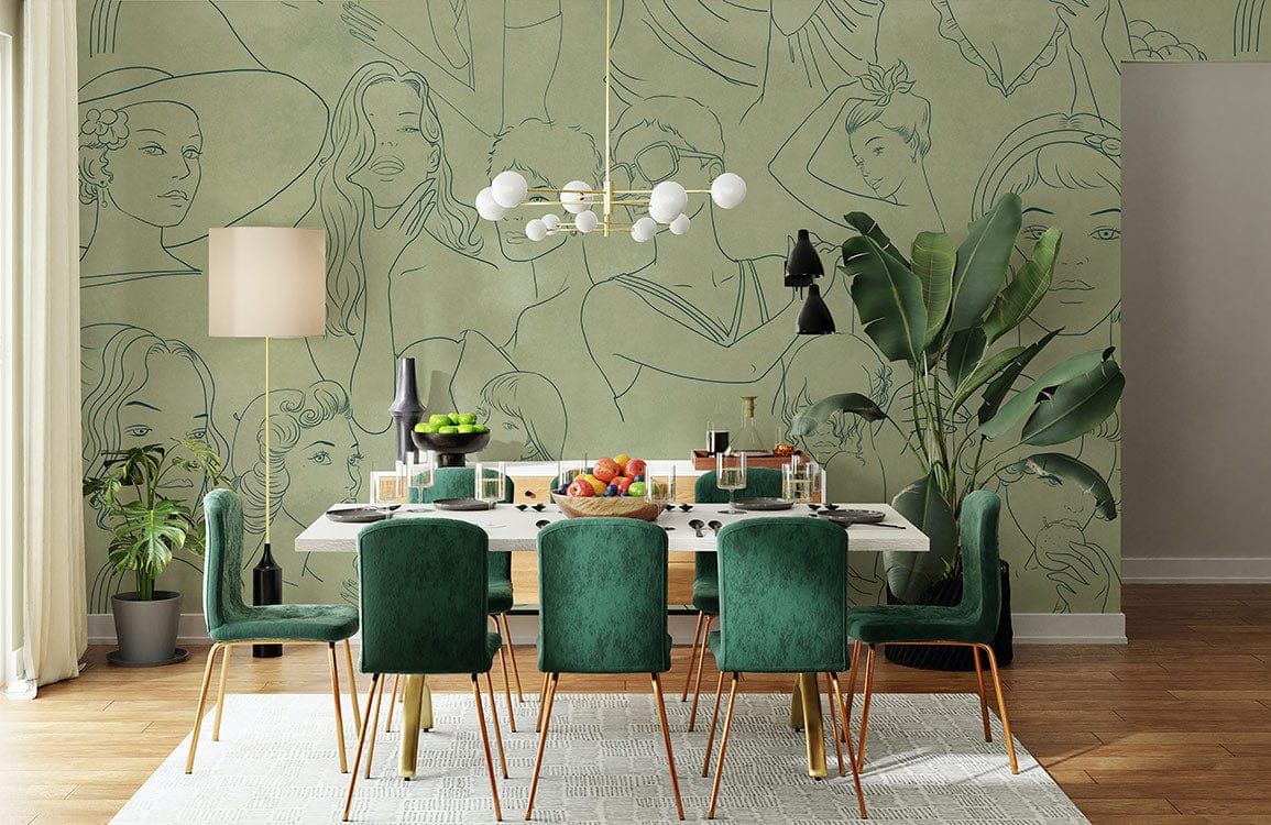 For the dining room's decoration, a green people portrait wallpaper mural