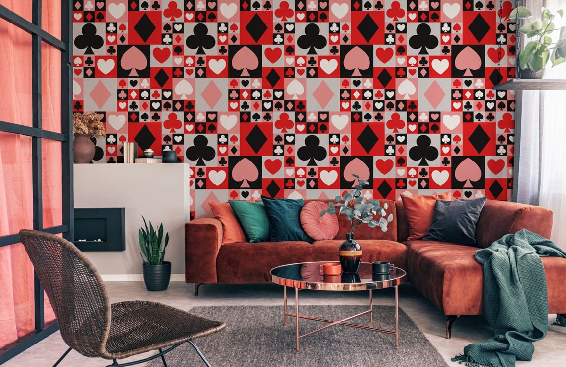 poker flash wallpaper mural design in red and pink