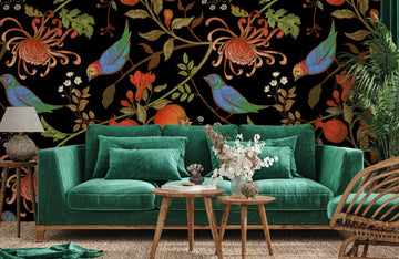 Vintage Botanical Bird Black Mural Wallpaper