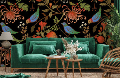 wallpaper murals with ominous floral and animal motifs