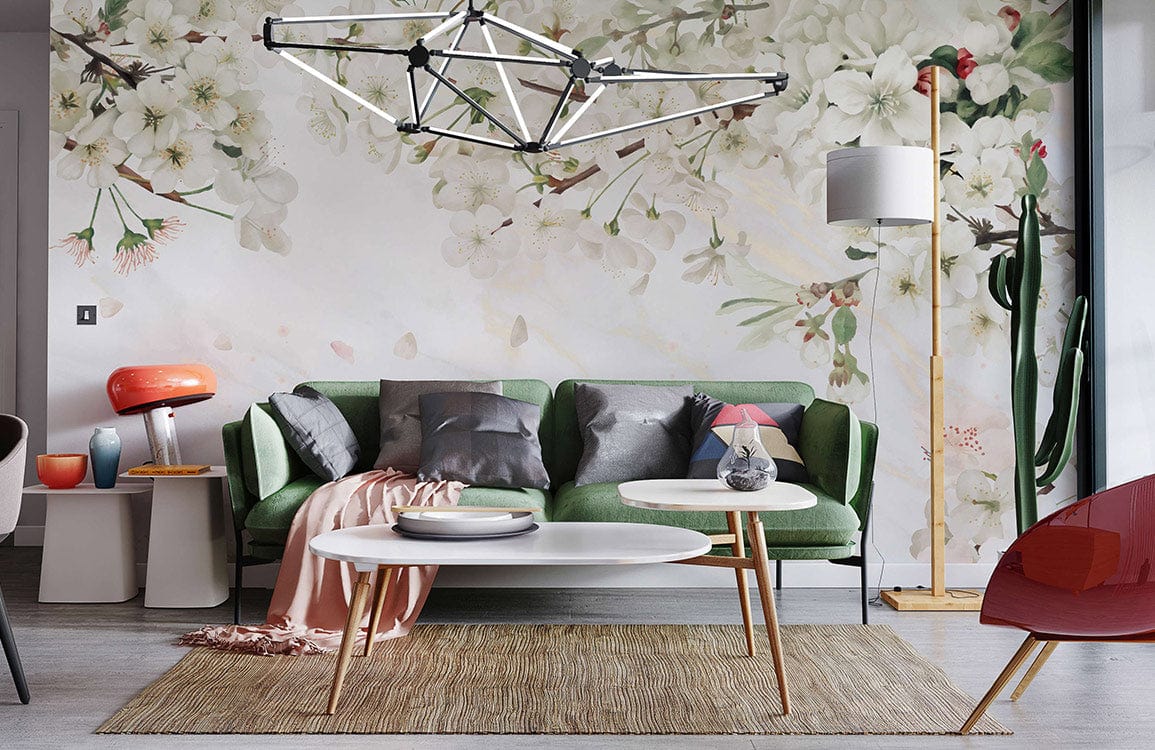 Choose the Pure Pear Flowers wallpaper mural as the focal point of your living room design.