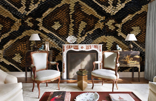 Python art animal skin wallpaper mural for use as a decorative accent in the living room