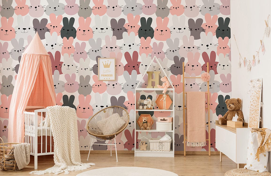 bespoke wallpaper mural for nursery, a design of pinkish rabbits pattern
