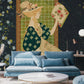 Wall mural in the living room depicting a young woman reading among blue flowers and vines