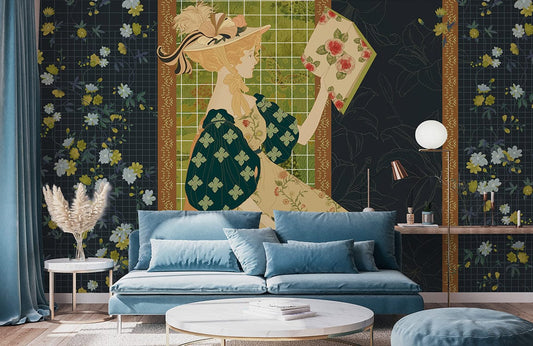 Wall mural in the living room depicting a young woman reading among blue flowers and vines