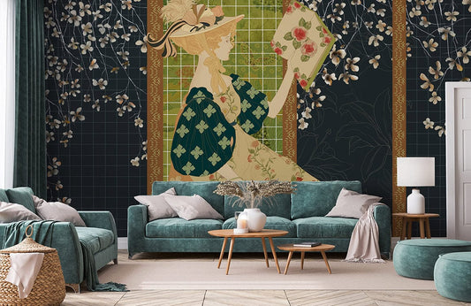 Wallpaper Mural of a Girl Reading Enveloped in Floral Vines, Suitable for a Living Room