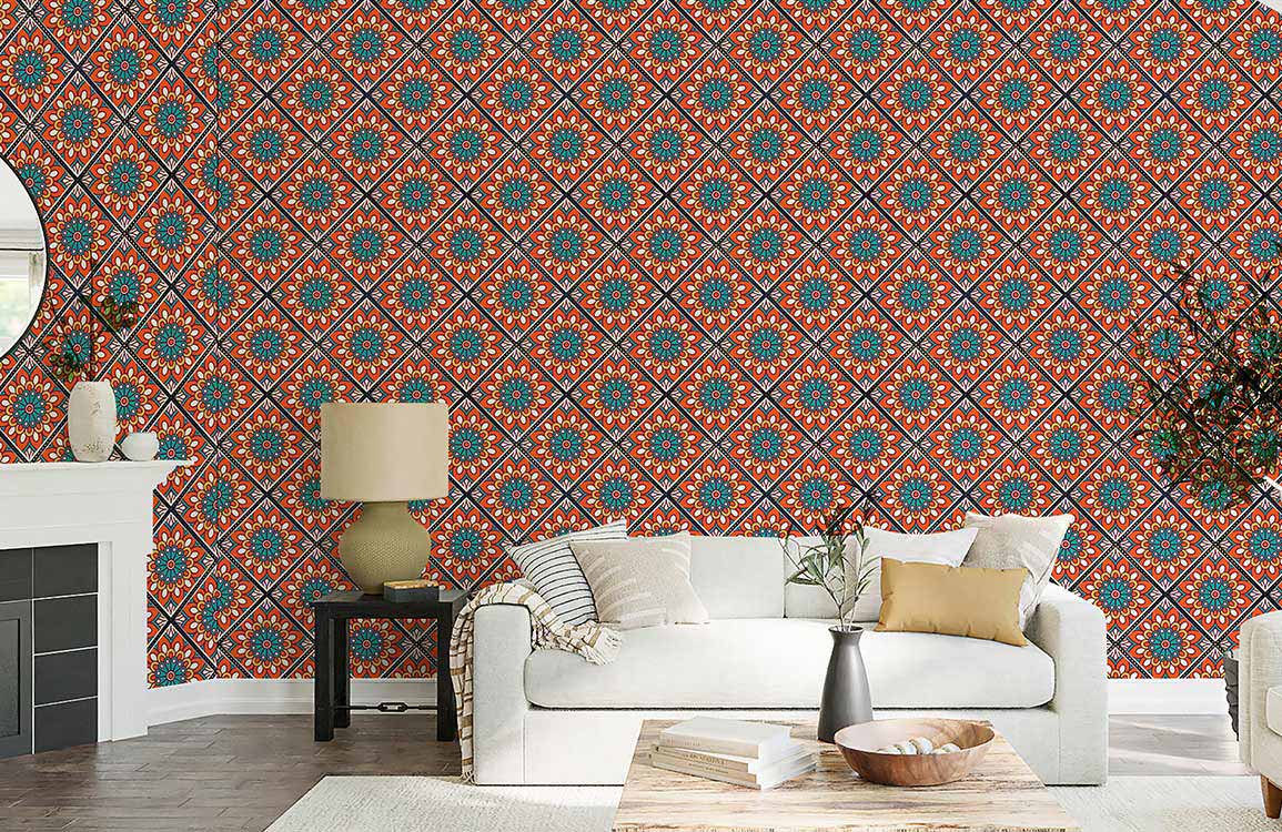 living room wallpaper mural with a repeating pattern of red and green flowers