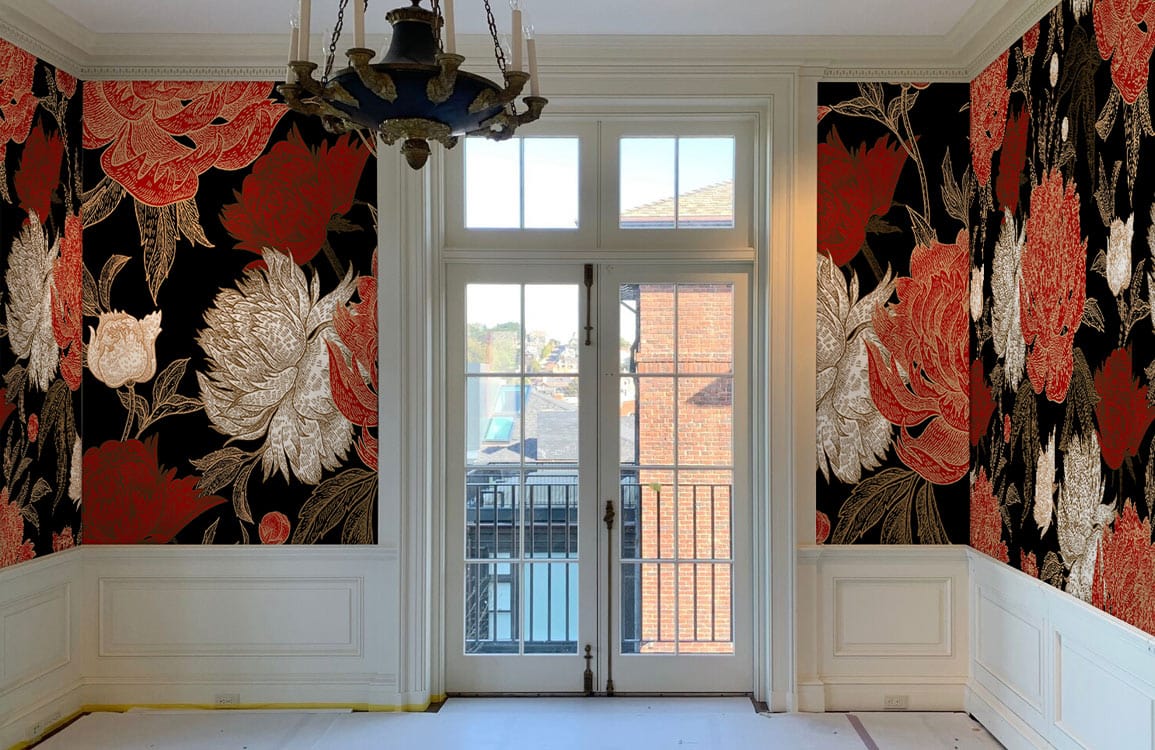 Wallpaper design featuring a red blossom flower pattern