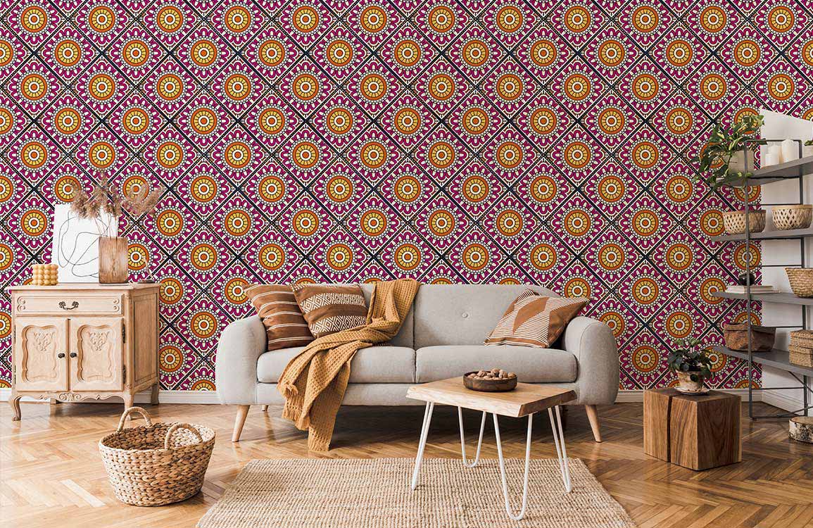 wallpaper with a red flower design for the living room