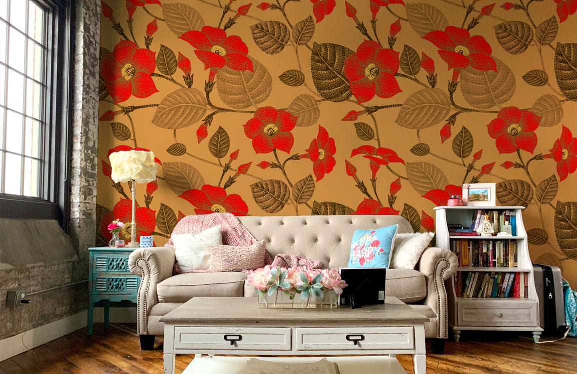 red wallpaper with flower blossoms for the room