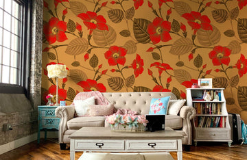 Vintage Red Floral Botanical Wallpaper Mural